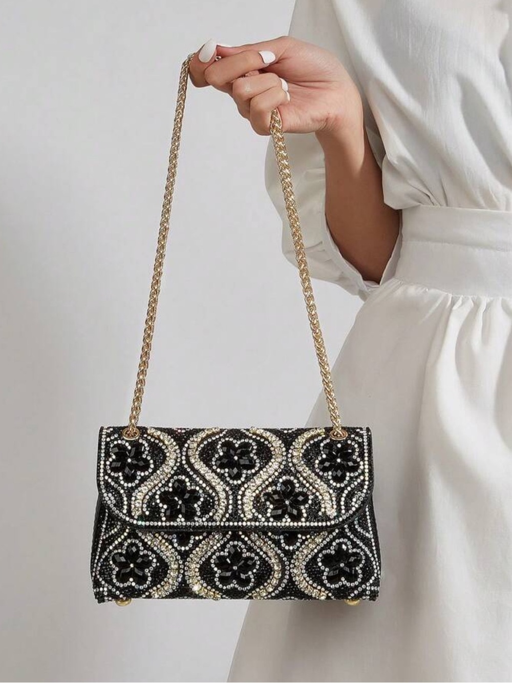 Embellished Black Rhinestone Chain Shoulder Bag